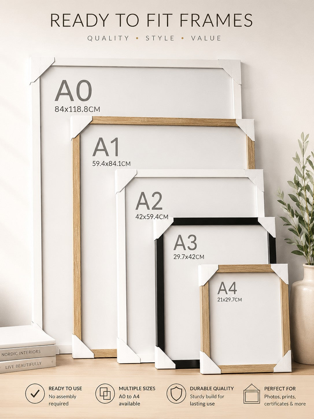 Ready Made Frames A0, A1, A2, A3, A4 in Oak, Black, White