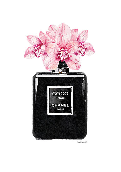 Chanel Perfume Bottle | Black with Pink Flowers | Print Decor