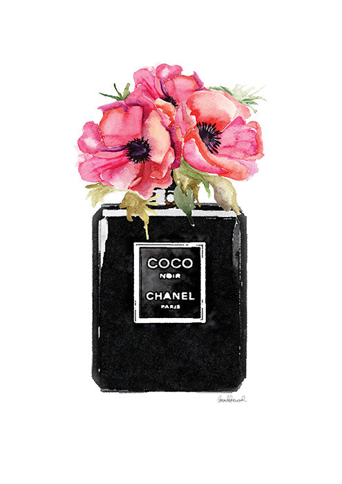 Chanel Perfume Bottle | Black with Pink Flowers | Print Decor