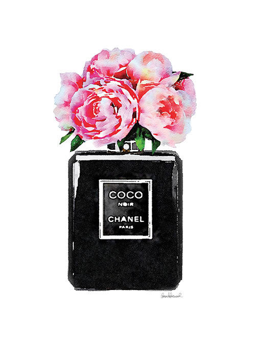 Chanel Perfume Bottle | Black with Peonies | Print Decor