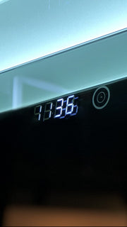 Frameless Illuminated Bathroom Mirror with demister, Magnifier  and Digital Clock Option, size 120 x 70 cm. Also available with demister and clock (only) in sizes 120 x 70 and150 x 75 cm | Print Décor Malvern