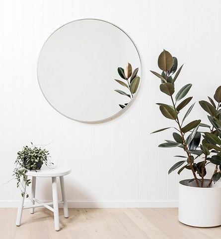 Modern Round Silver Mirror, in situ