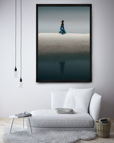 Designer Framed Print | Girl Walking on Sand, in situ image | Print Decor, Malvern